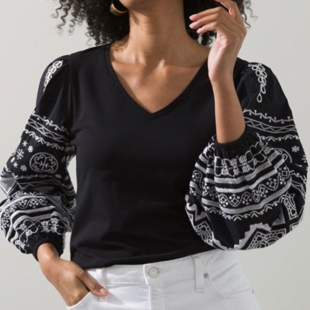 Chico's Black V-Neck Blouse with Printed Balloon Sleeves